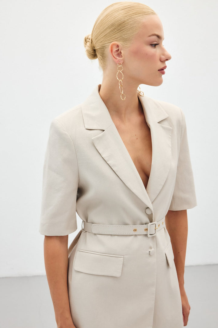 Sateen Veste ceinturée à manches courtes - Pierre