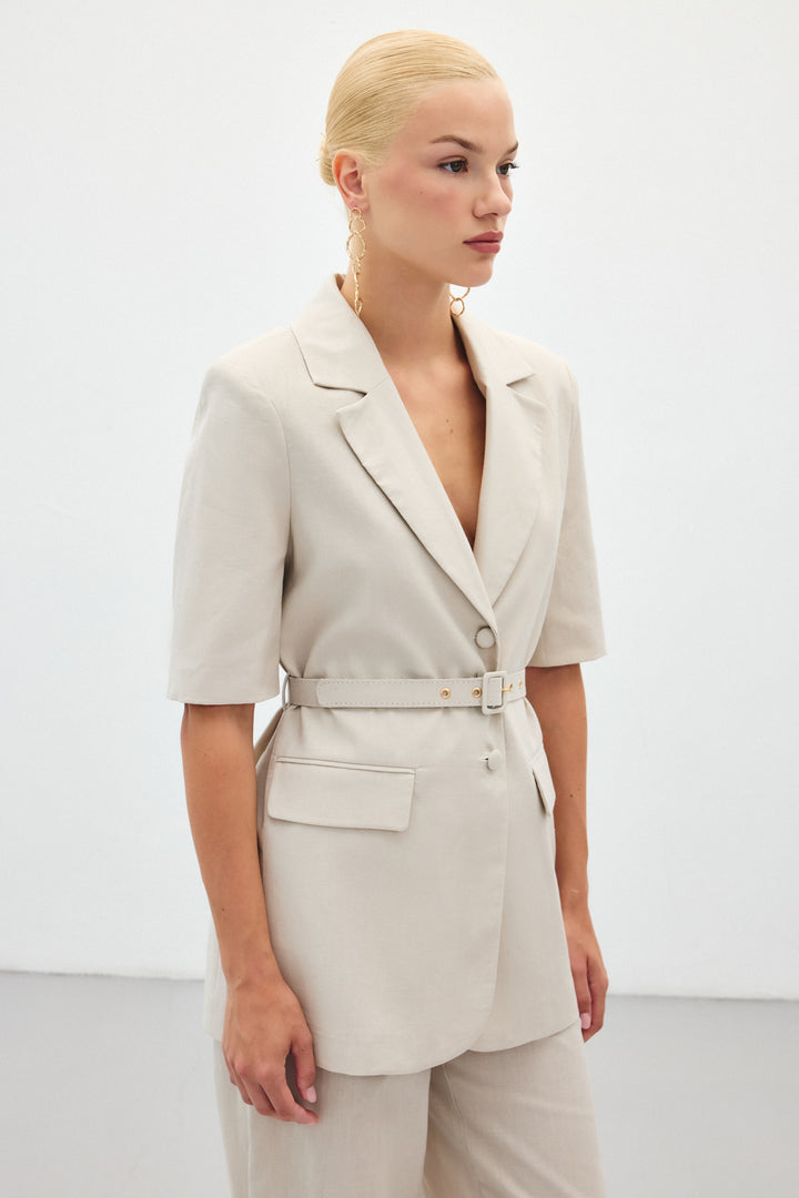Sateen Veste ceinturée à manches courtes - Pierre