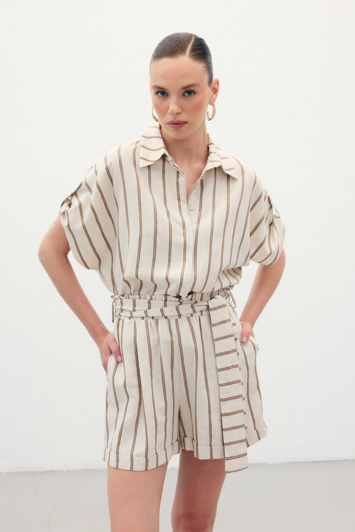 Sateen Chemise en Lin Mélangé à Manches Courtes - camel