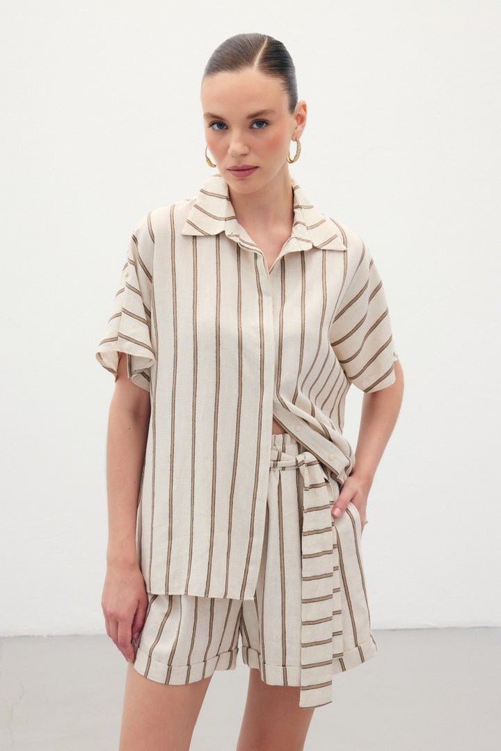 Sateen Chemise en Lin Mélangé à Manches Courtes - camel