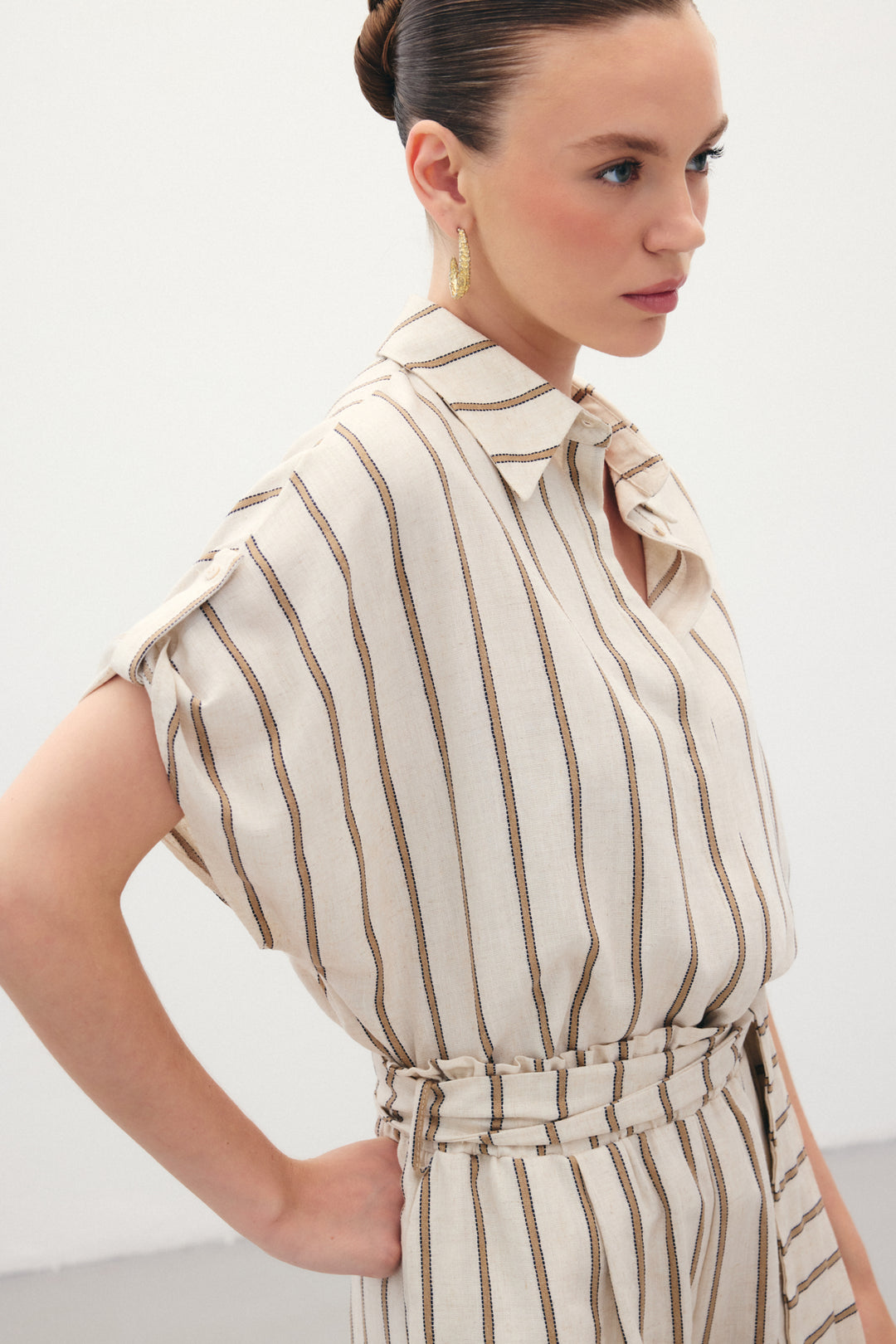 Sateen Chemise en Lin Mélangé à Manches Courtes - camel