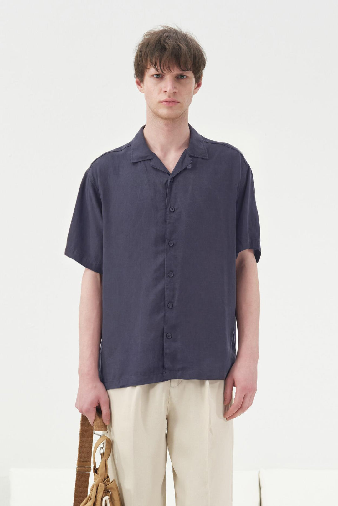 Giesto Chemise classique à manches courtes bleu marine en tencel - Bleu marine
