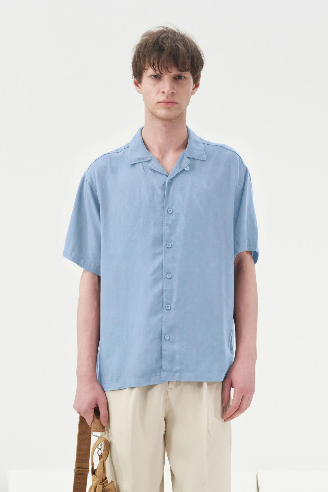 Giesto Chemise classique à manches courtes bleu en tencel - Bleu