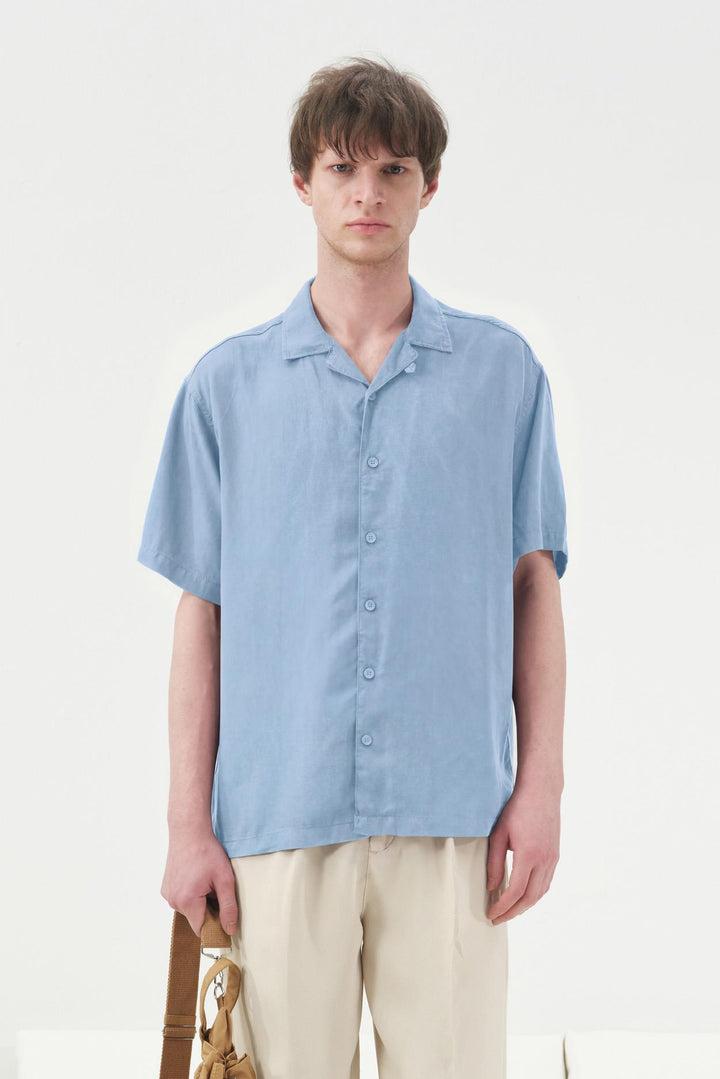 Giesto Chemise classique à manches courtes bleu en tencel - Bleu
