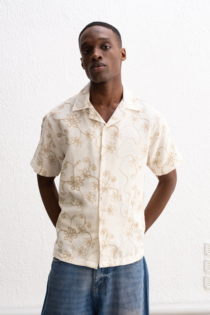 Giesto Chemise Beige à Broderie à Manches Courtes - Beige