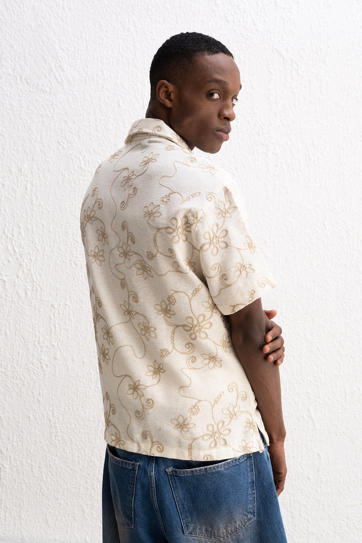 Giesto Chemise Beige à Broderie à Manches Courtes - Beige