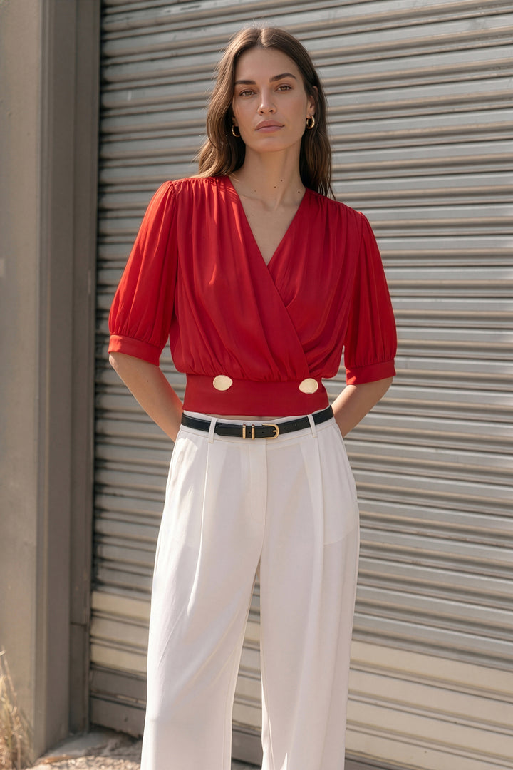 Sateen Blouse Satinée à Manches Courtes - Rouge