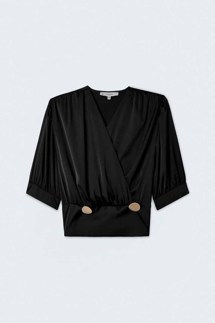 Sateen Blouse Satinée à Manches Courtes - Noir