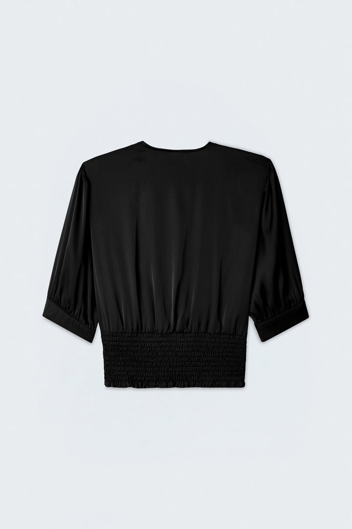 Sateen Blouse Satinée à Manches Courtes - Noir
