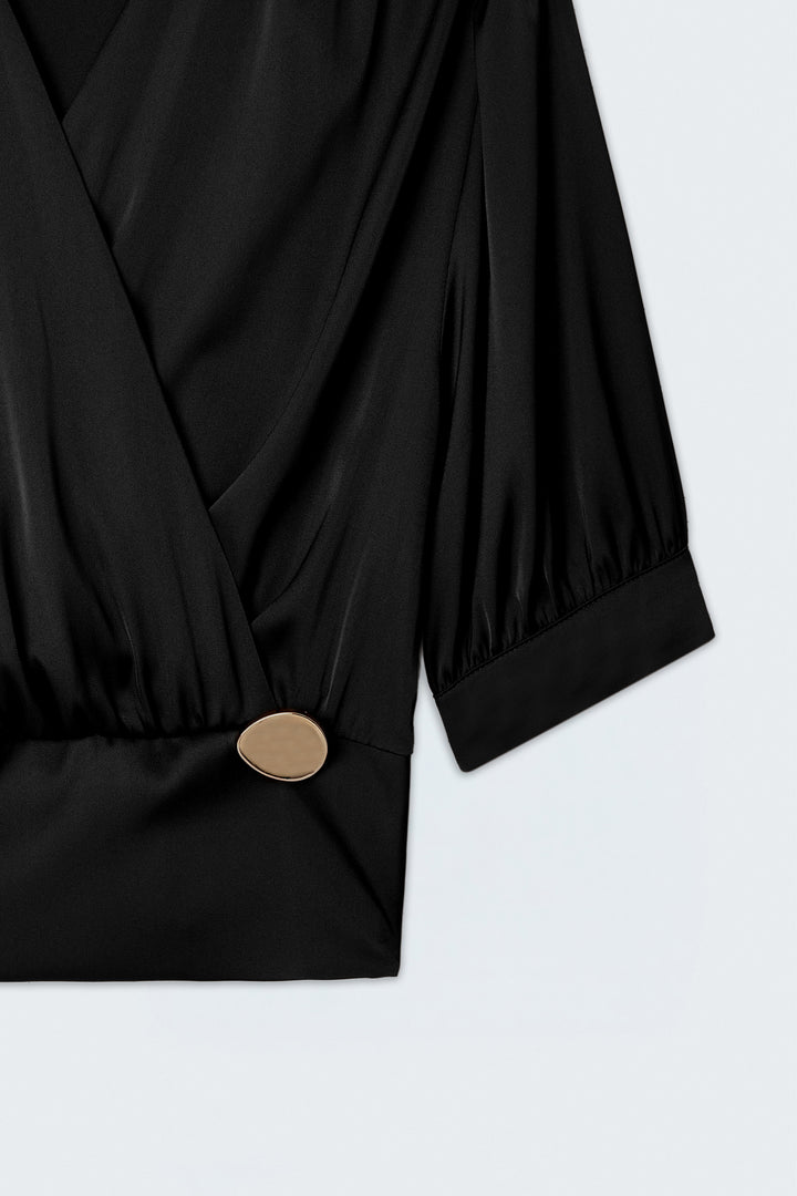Sateen Blouse Satinée à Manches Courtes - Noir