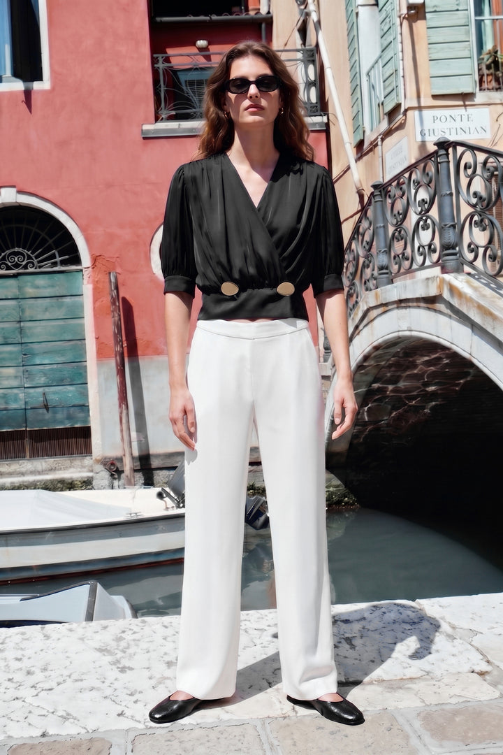 Sateen Blouse Satinée à Manches Courtes - Noir