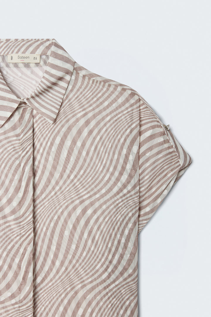 Sateen Chemisier à Rayures à Manches Courtes - Beige