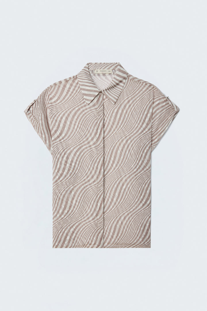 Sateen Chemisier à Rayures à Manches Courtes - Beige