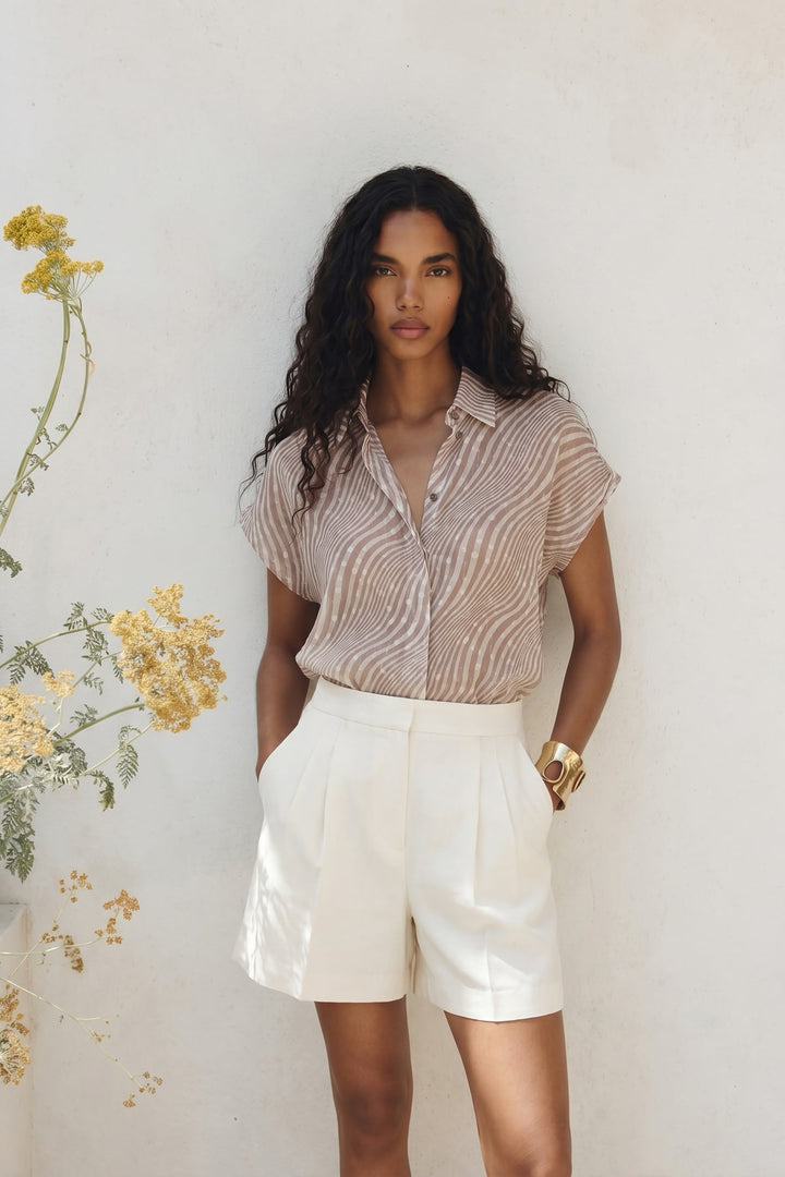 Sateen Chemisier à Rayures à Manches Courtes - Beige