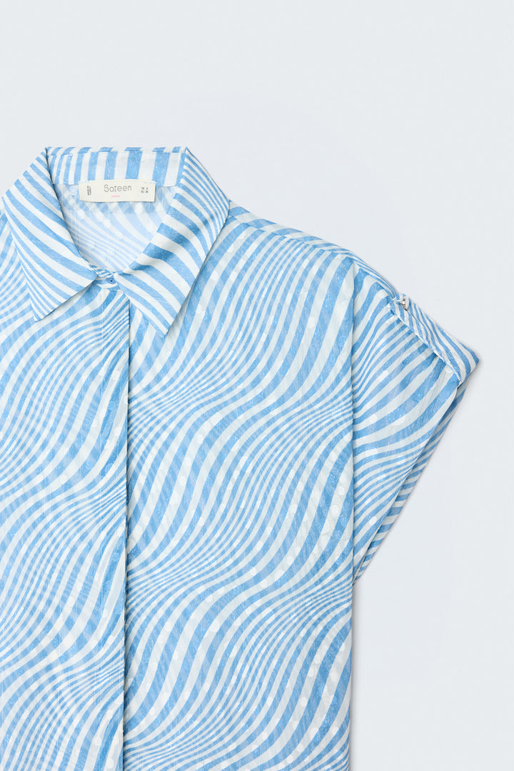 Sateen Chemisier à Rayures à Manches Courtes - Bleu