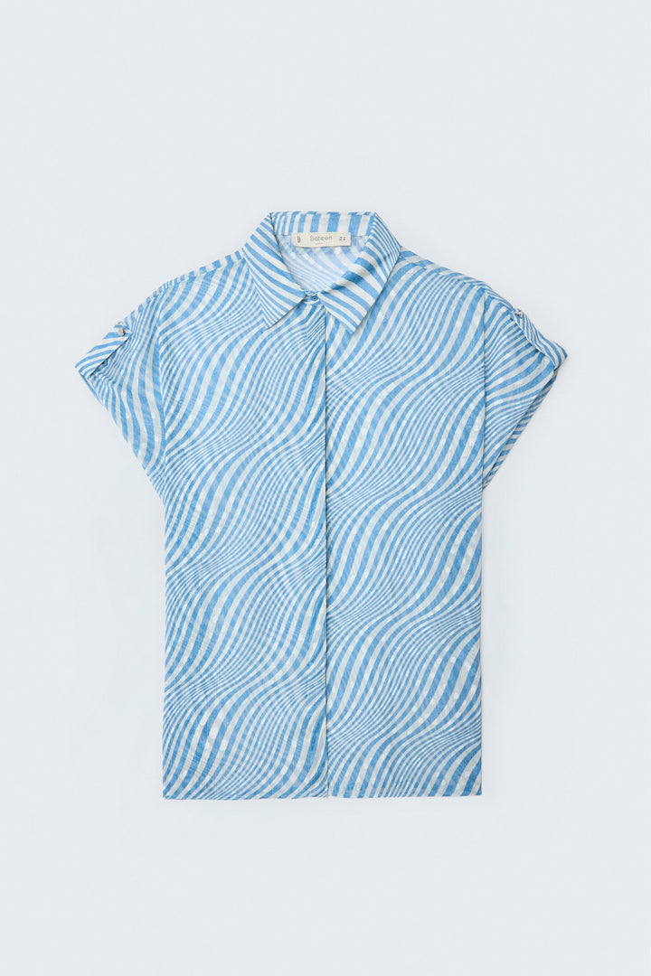 Sateen Chemisier à Rayures à Manches Courtes - Bleu