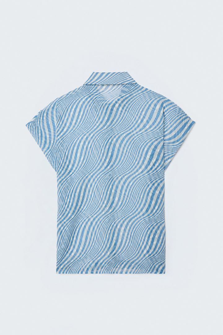 Sateen Chemisier à Rayures à Manches Courtes - Bleu