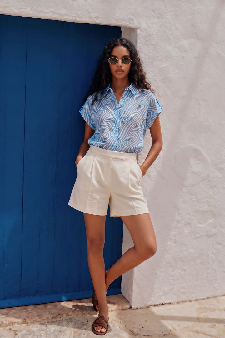 Sateen Chemisier à Rayures à Manches Courtes - Bleu