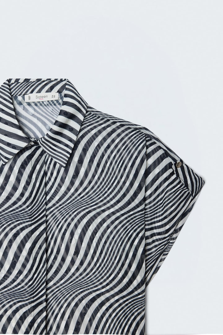 Sateen Chemisier à Rayures à Manches Courtes - Noir