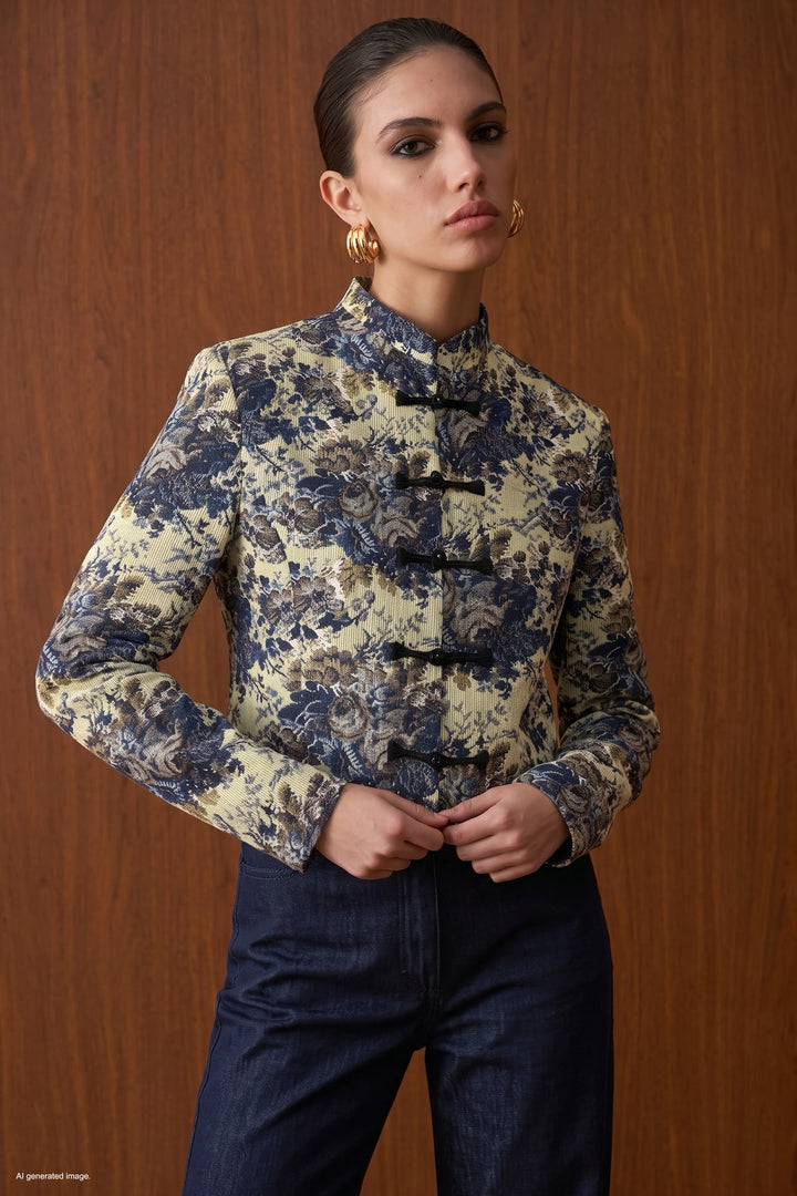 Sateen Veste trench à boutons décoratifs courts - Bleu marine