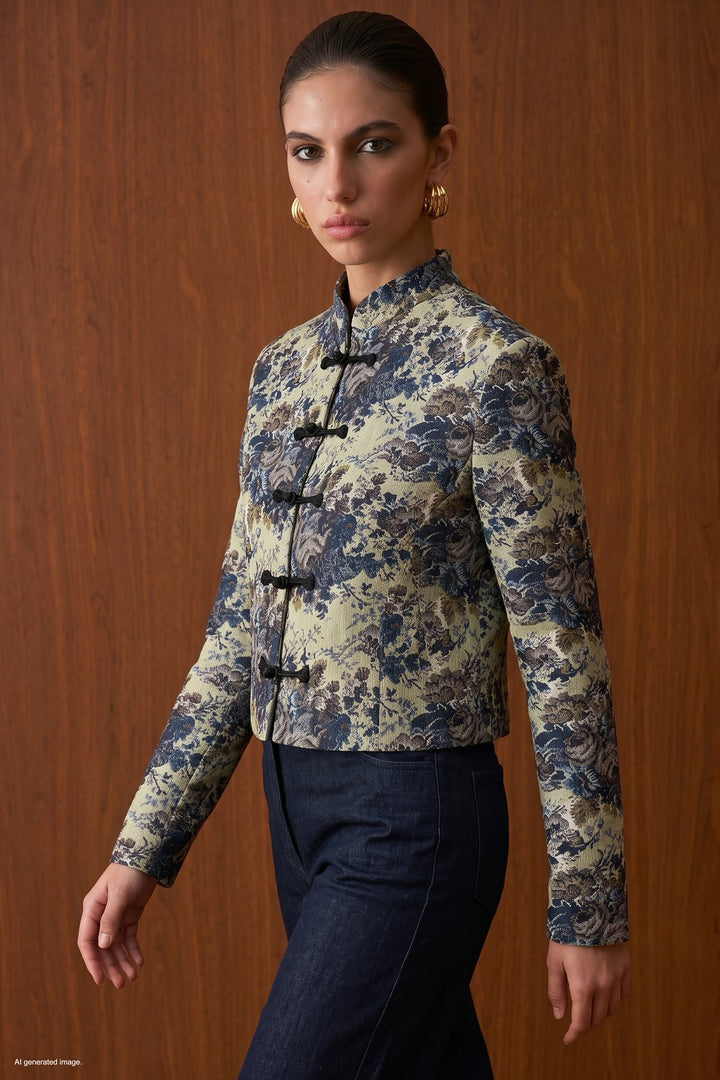 Sateen Veste trench à boutons décoratifs courts - Bleu marine