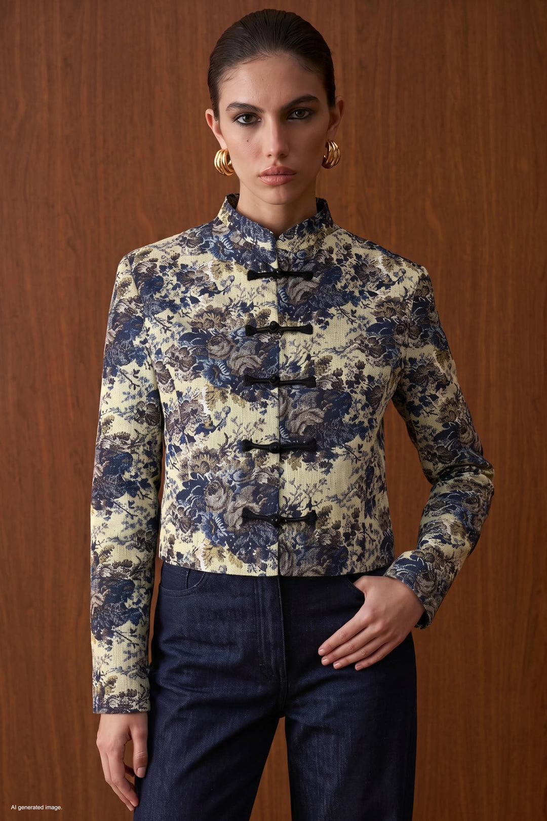 Sateen Veste trench à boutons décoratifs courts - Bleu marine