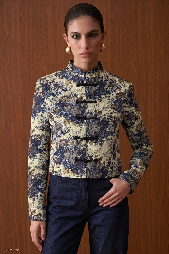 Sateen Veste trench à boutons décoratifs courts - Bleu marine