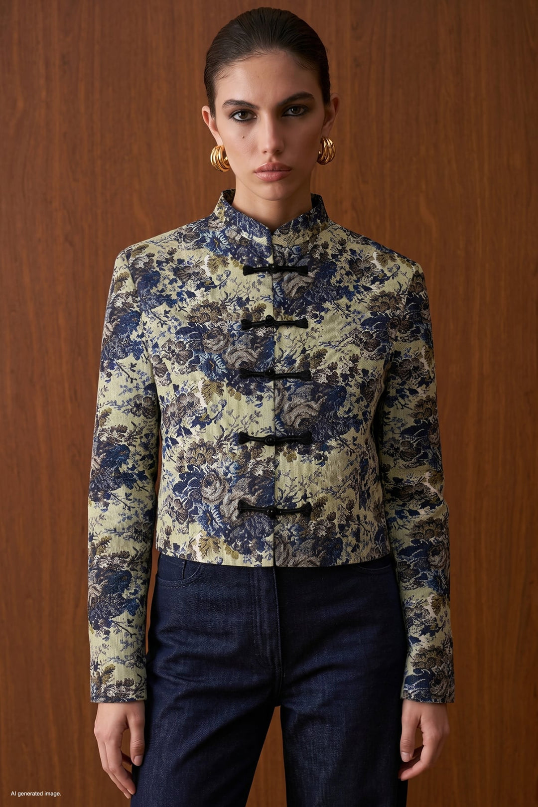 Sateen Veste trench à boutons décoratifs courts - Bleu marine