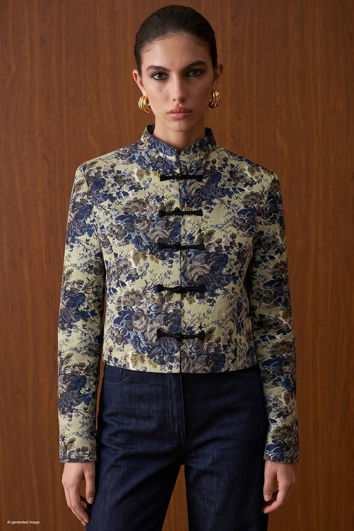 Sateen Veste trench à boutons décoratifs courts - Bleu marine