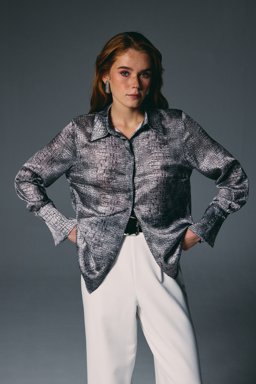 Sateen Chemise à Motif Classique - Gris
