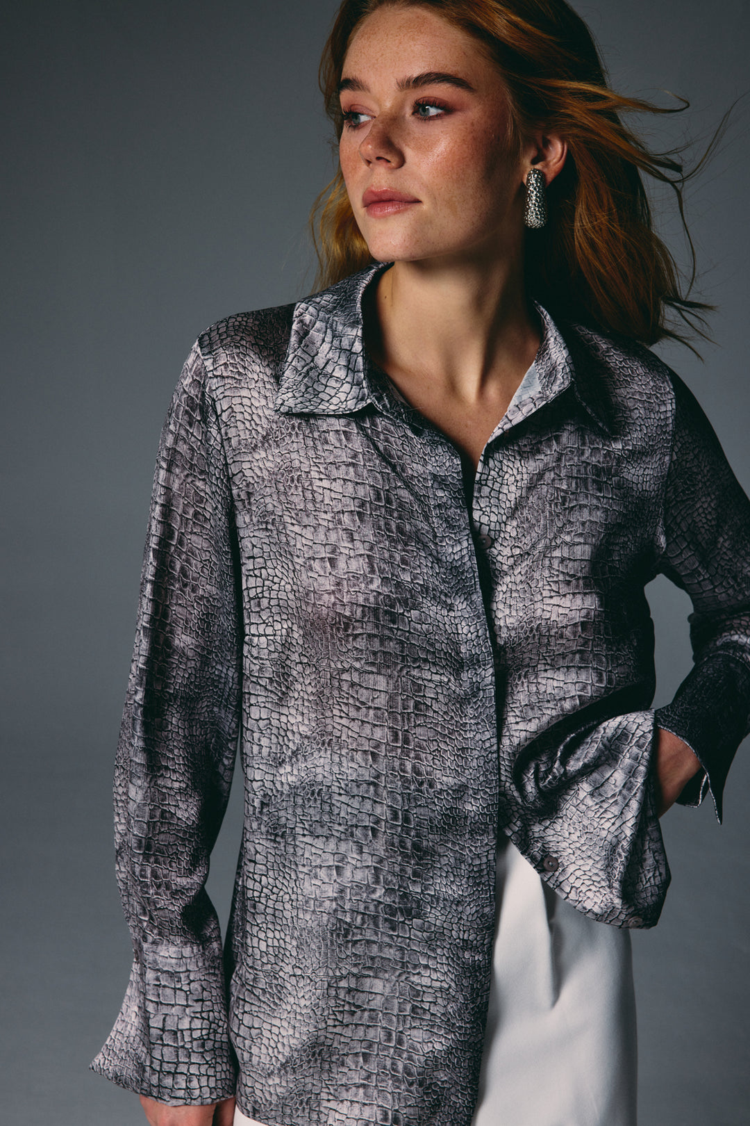 Sateen Chemise à Motif Classique - Gris