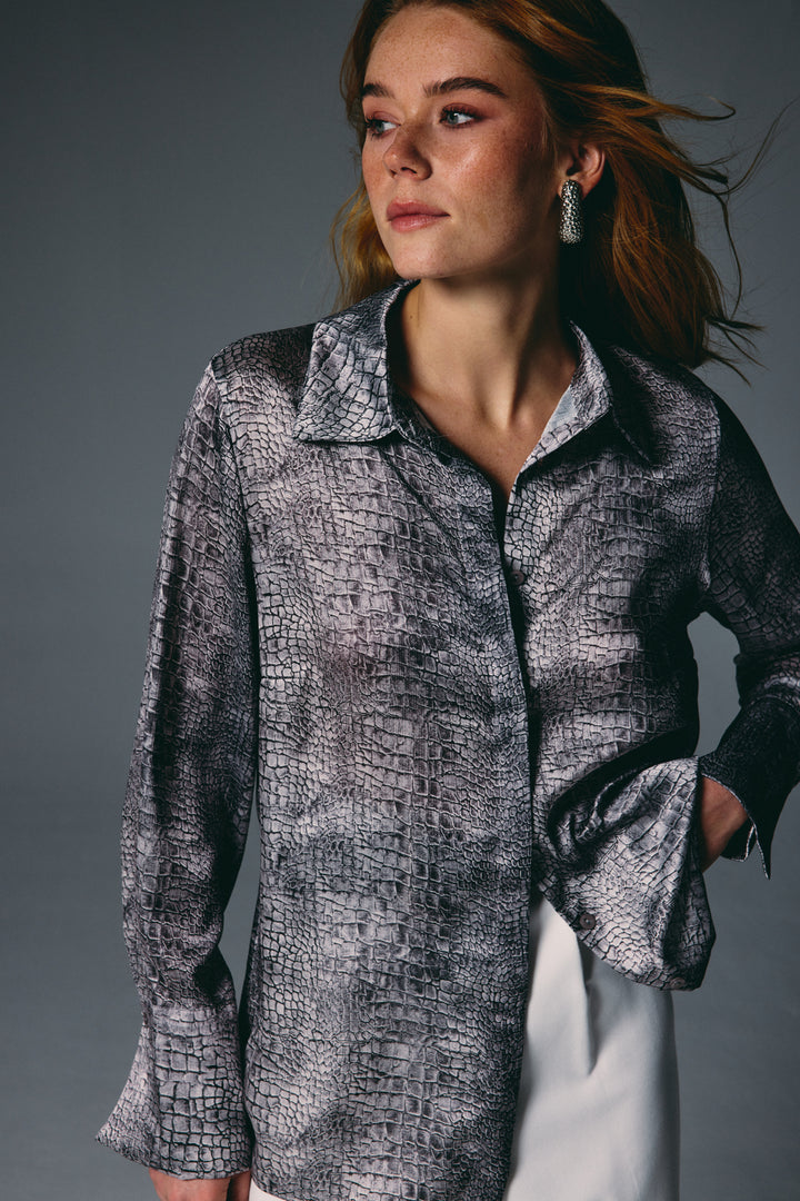Sateen Chemise à Motif Classique - Gris
