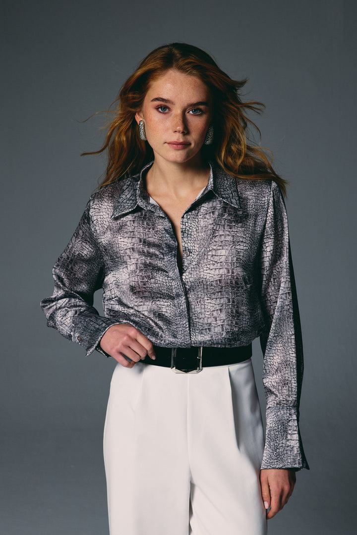 Sateen Chemise à Motif Classique - Gris