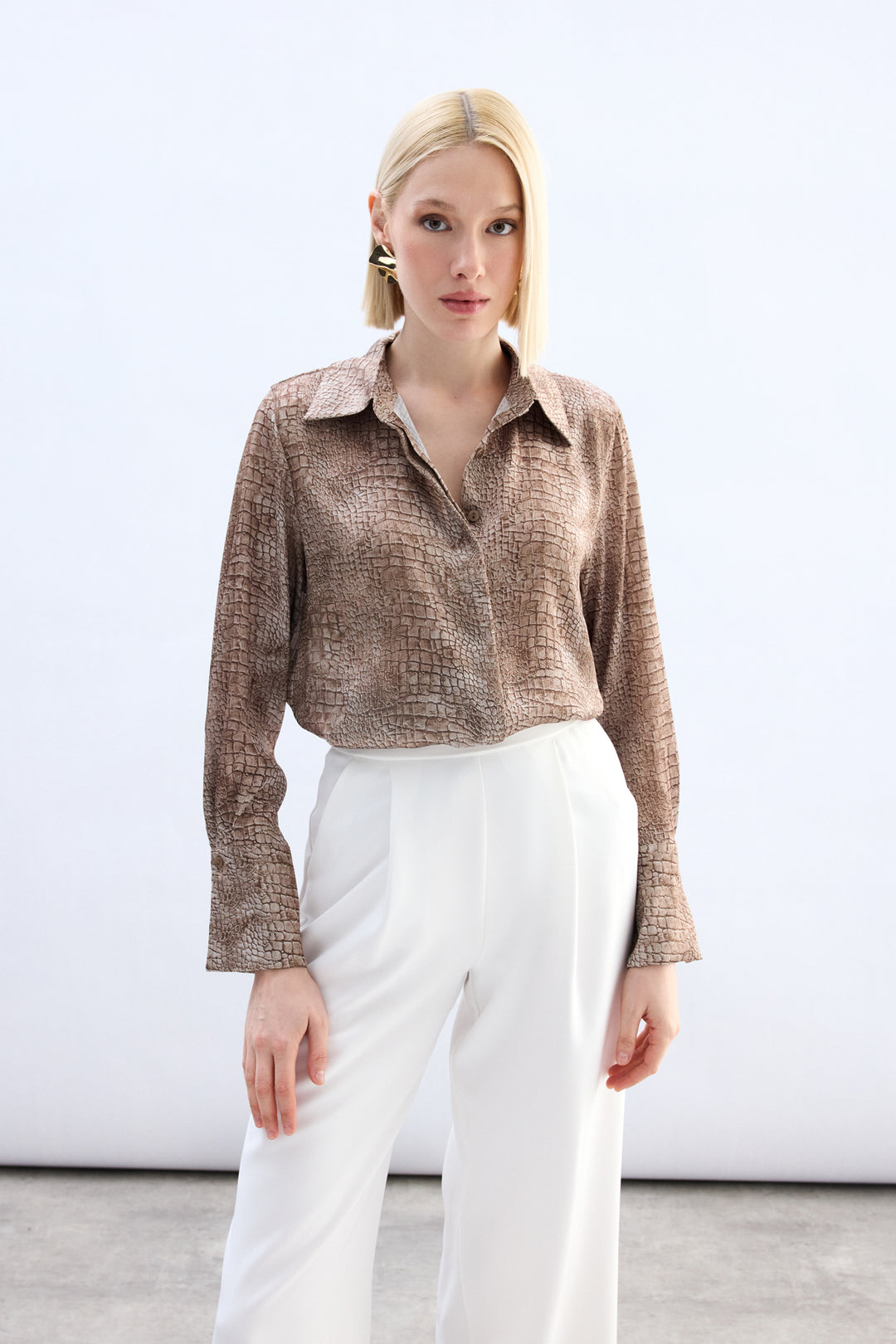 Sateen Chemise à Motif Classique - Marron