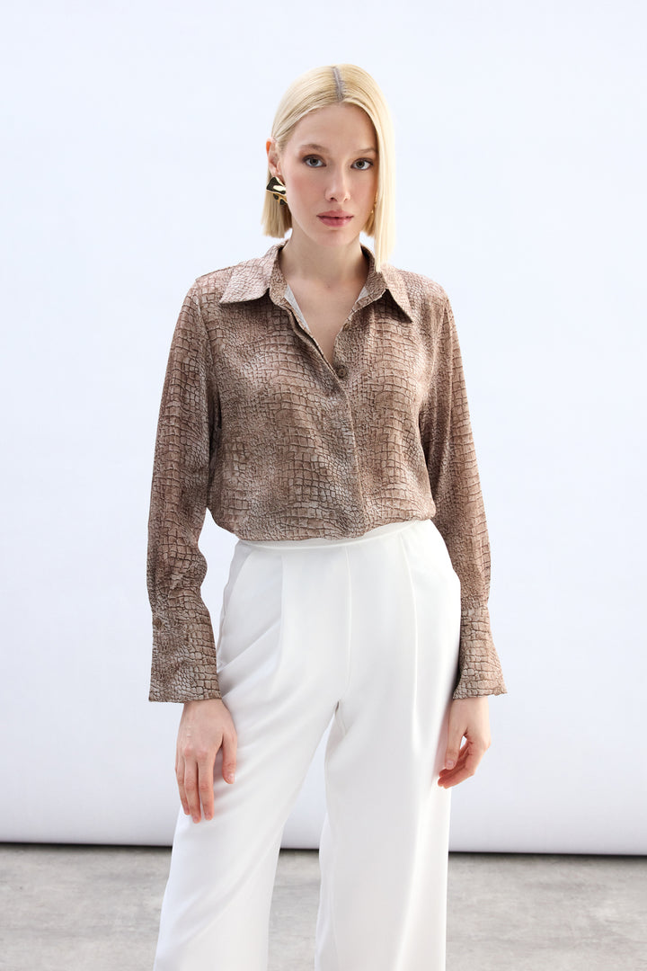 Sateen Chemise à Motif Classique - Marron