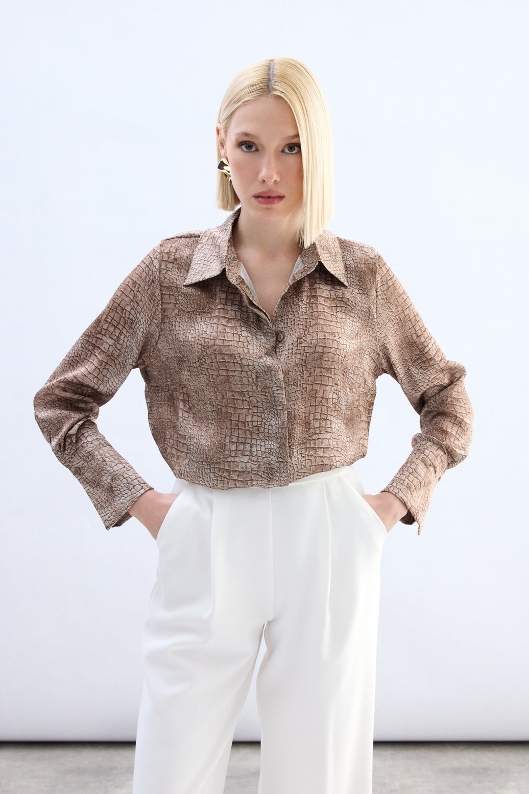 Sateen Chemise à Motif Classique - Marron