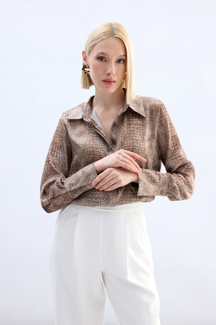 Sateen Chemise à Motif Classique - Marron