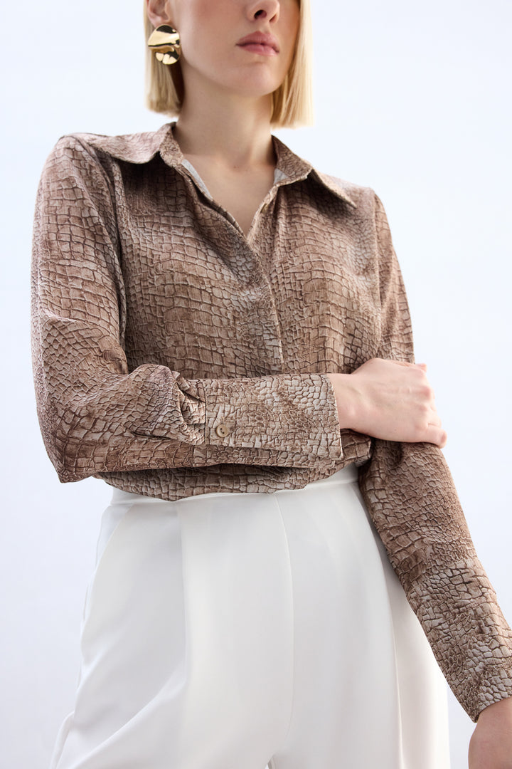 Sateen Chemise à Motif Classique - Marron