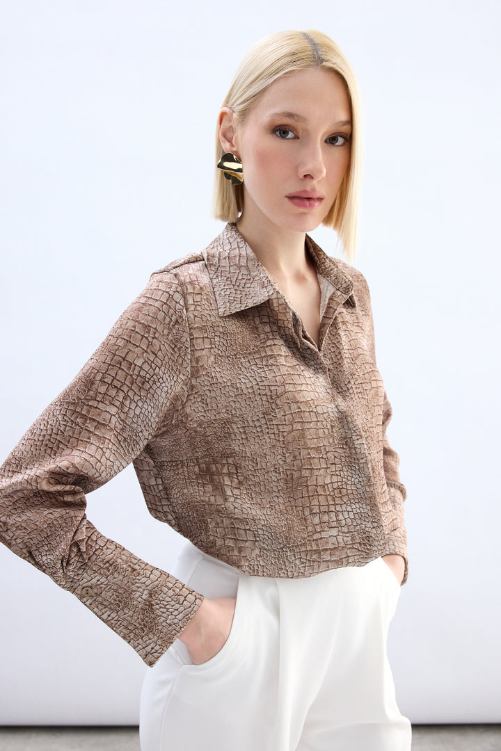Sateen Chemise à Motif Classique - Marron
