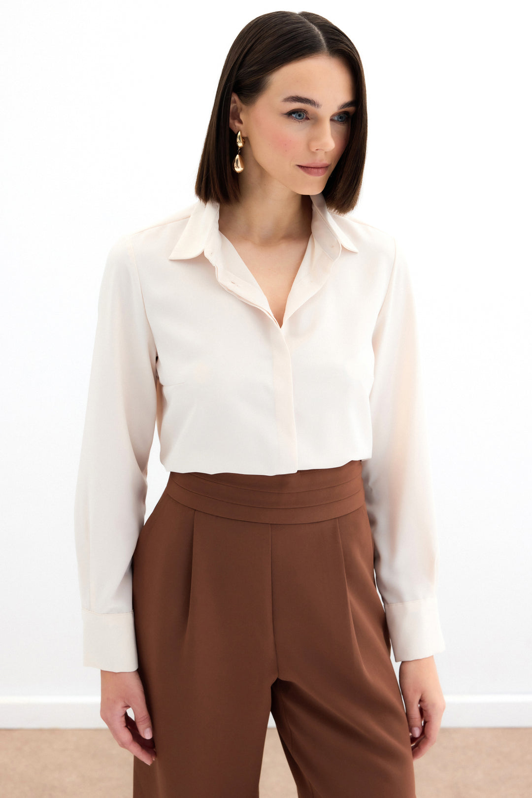 Sateen Chemise classique unie - Beige