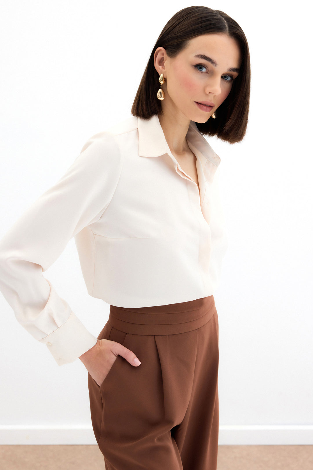 Sateen Chemise classique unie - Beige