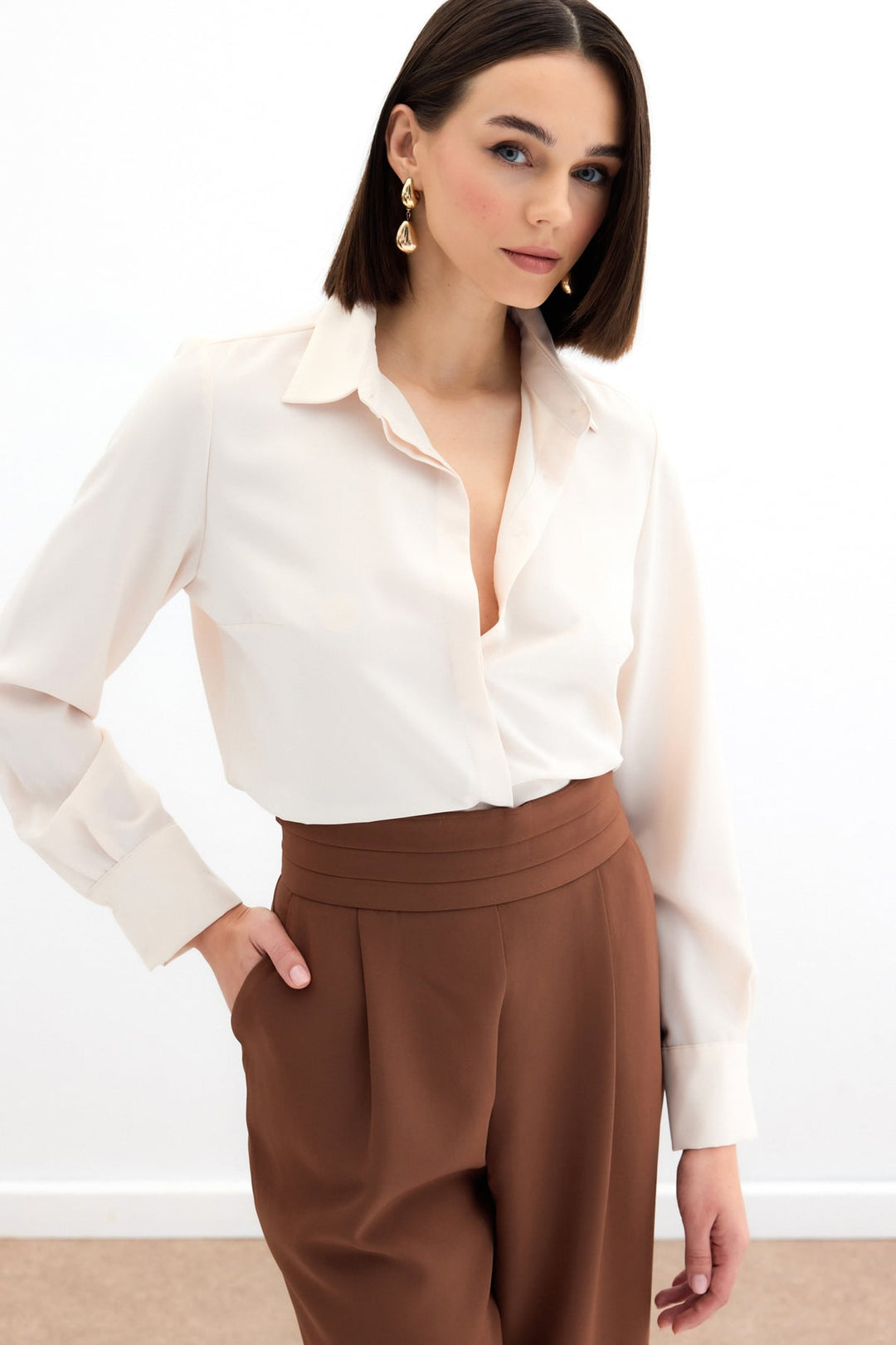 Sateen Chemise classique unie - Beige