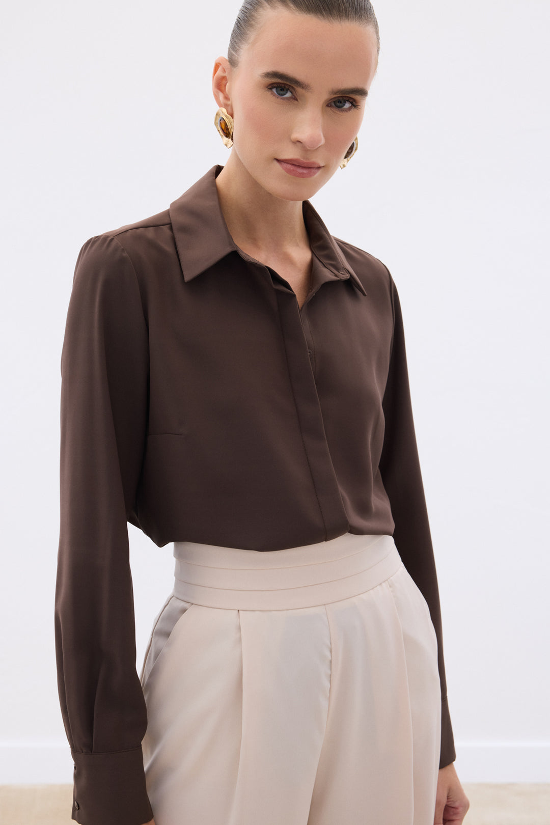 Sateen Chemise Classique Unie - Marron