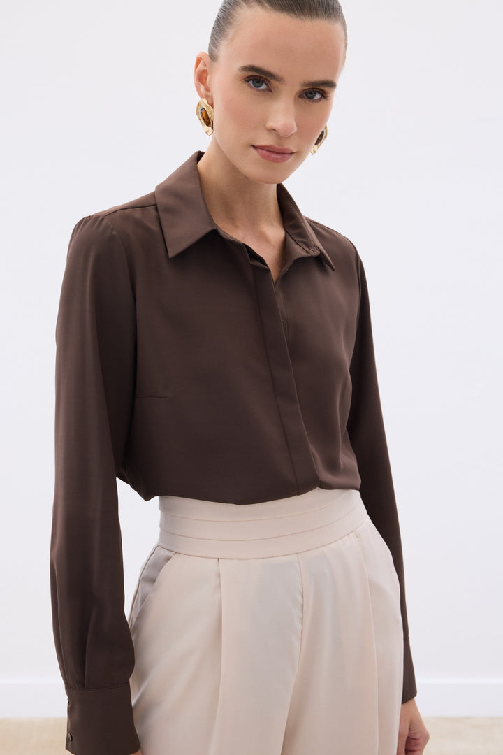 Sateen Chemise Classique Unie - Marron