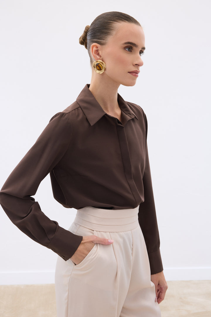 Sateen Chemise Classique Unie - Marron