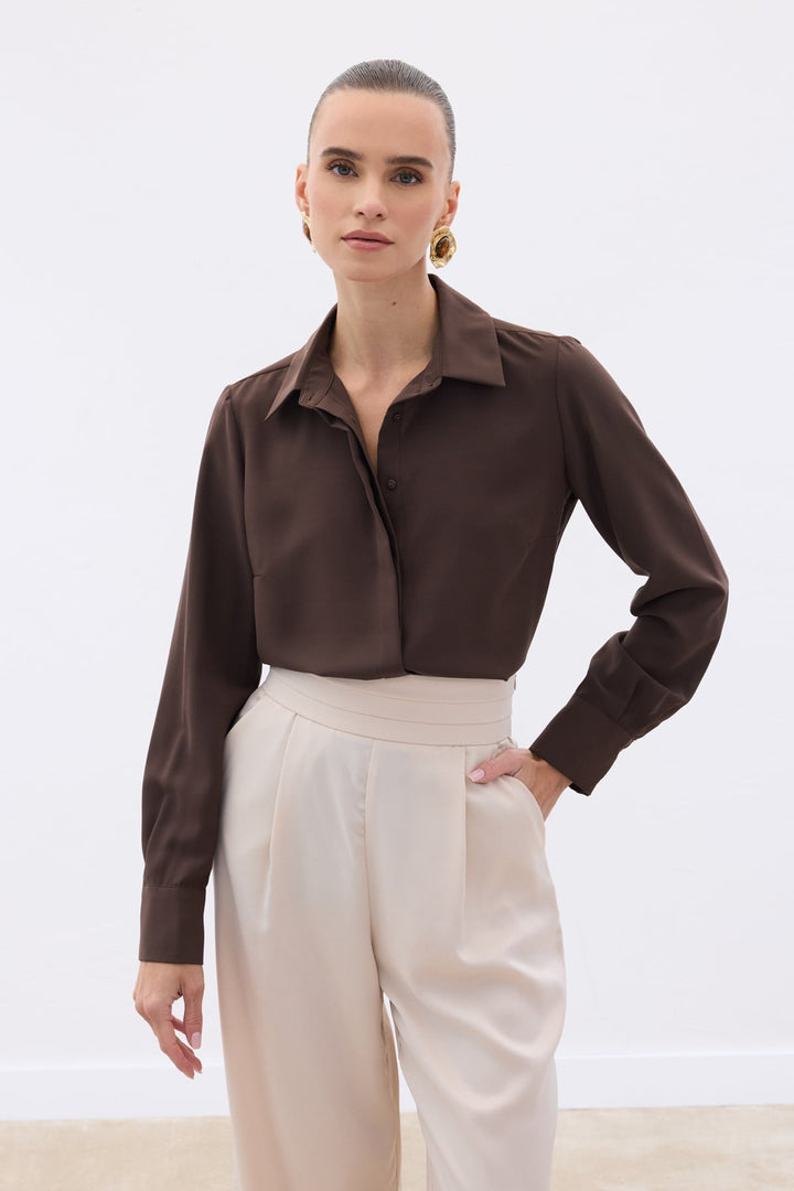 Sateen Chemise Classique Unie - Marron
