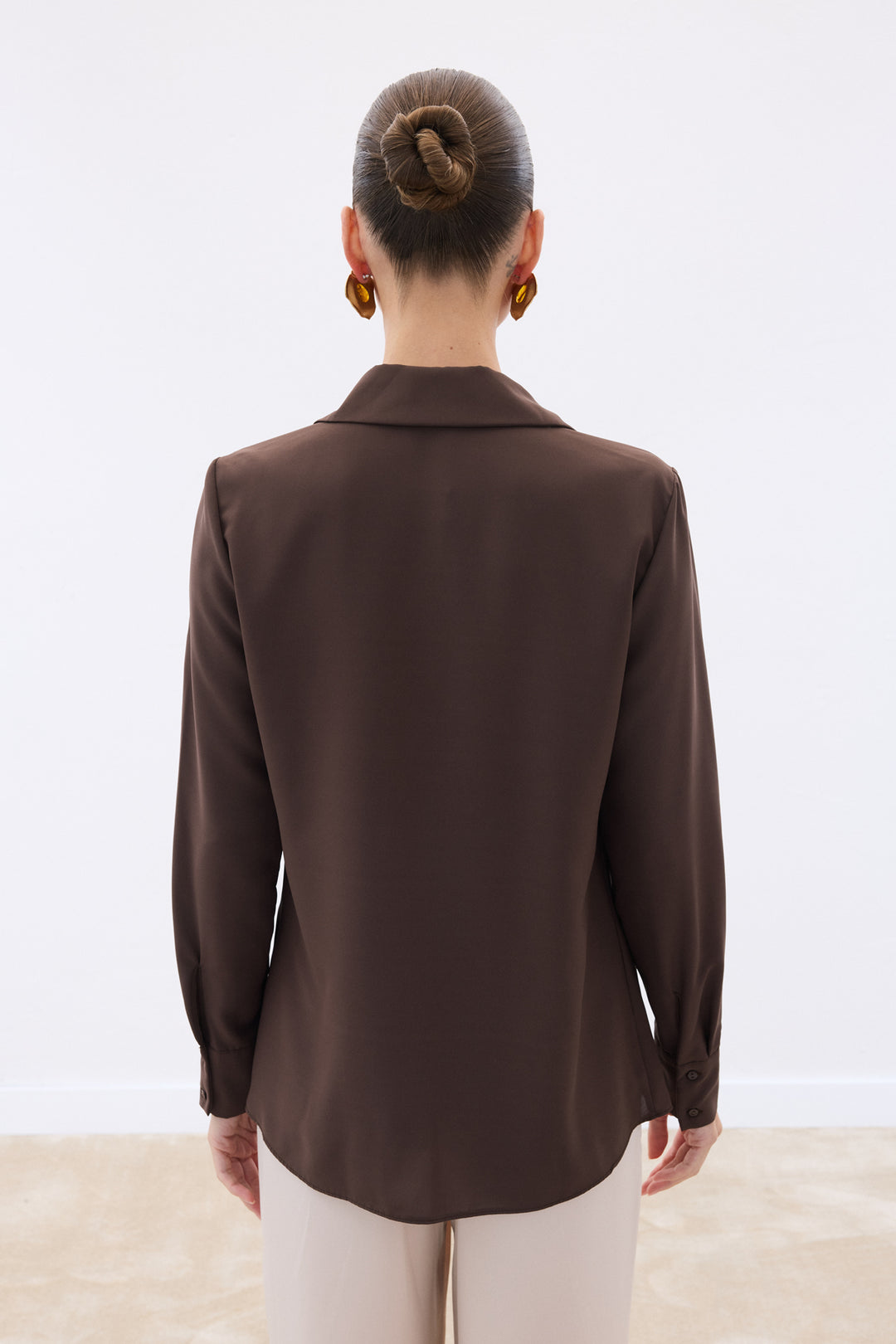 Sateen Chemise Classique Unie - Marron