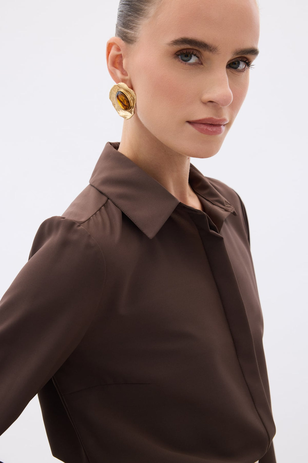 Sateen Chemise Classique Unie - Marron