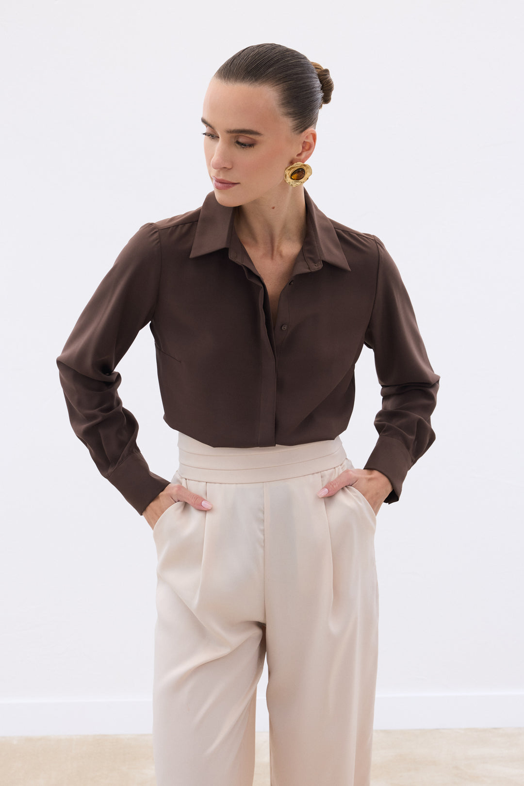 Sateen Chemise Classique Unie - Marron