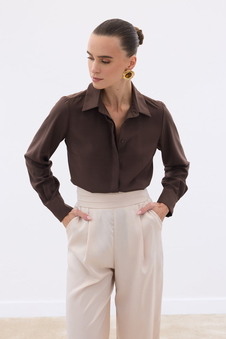 Sateen Chemise Classique Unie - Marron